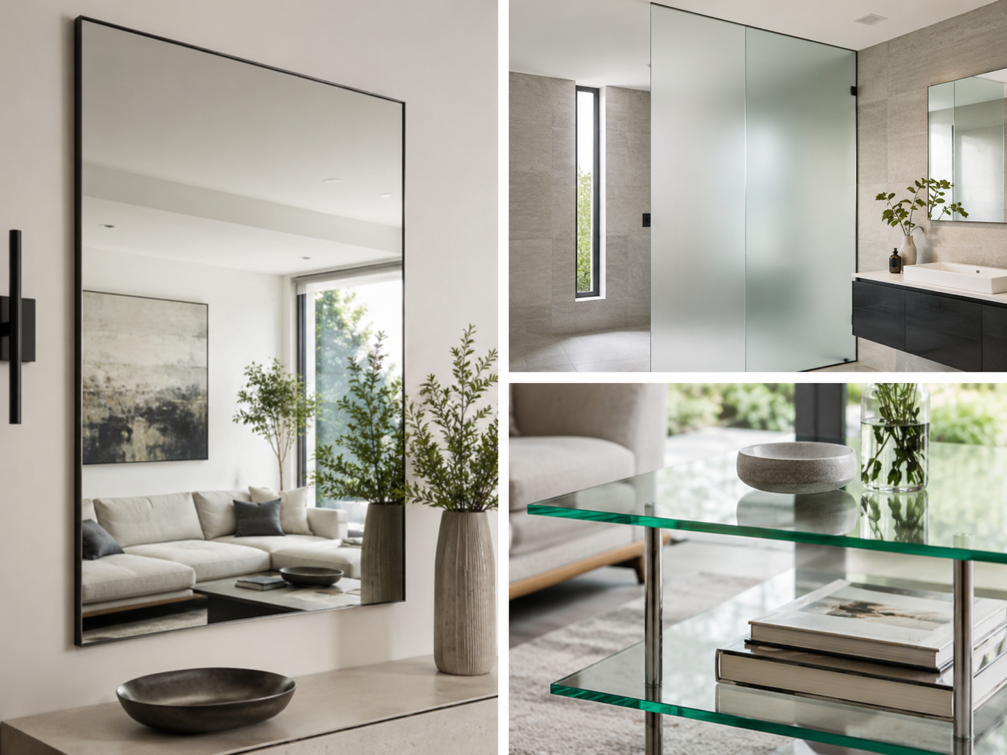 Examples of custom mirrors, frosted glass and glass shelving
