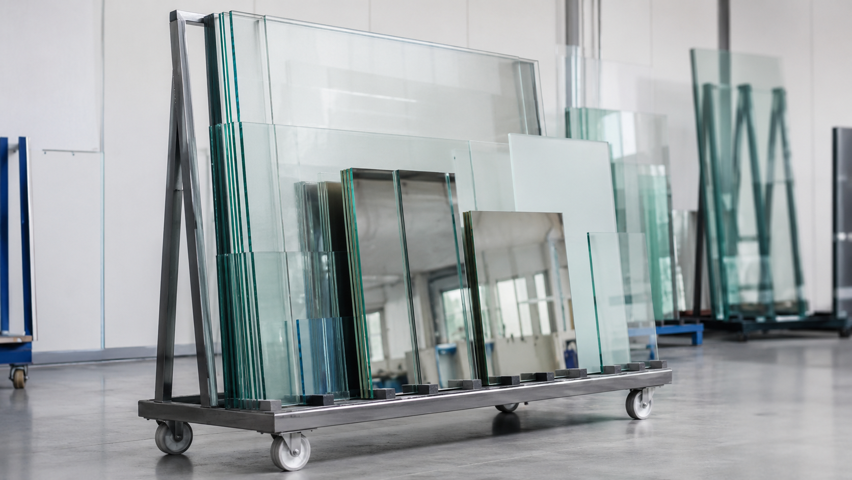 Glass packs on a portable A-frame trolley in a workshop