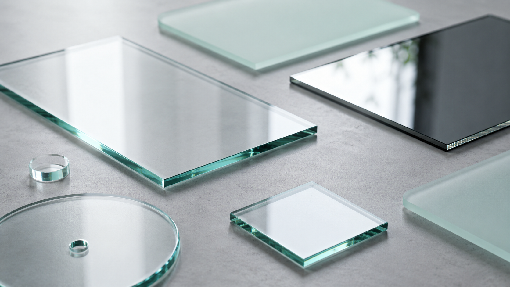 Close-up of custom cut glass, mirror and frosted glass pieces