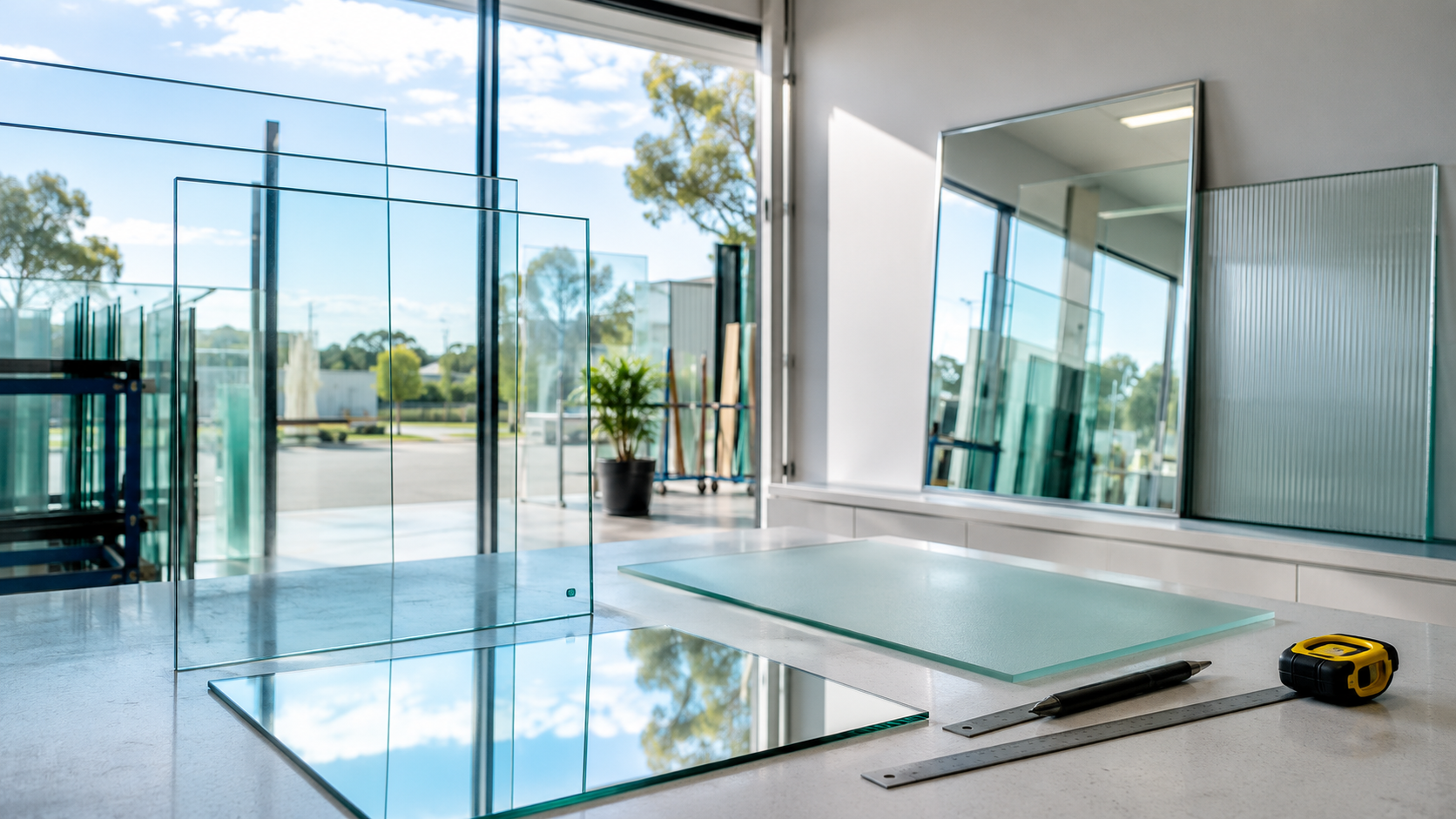 Modern glass workshop with clear, frosted and mirror glass
